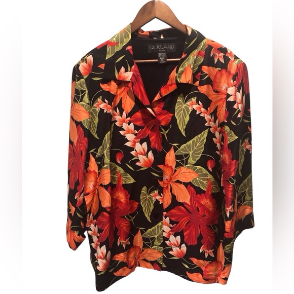 SilkLand Woman 2X Pure Silk Black Floral Tropical Hibiscus Jacket Blazer Lined - Picture 1 of 4